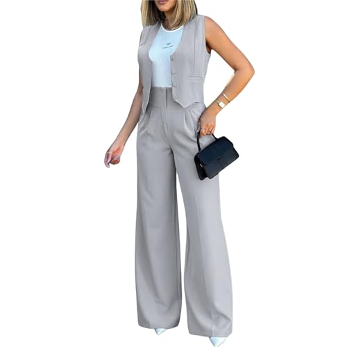 Womens Fashionable Suits Elegant Casual Sleeveless Blazer Vest Wide-Leg Pants 2 Piece Set Comfort Daily Wear Outfits