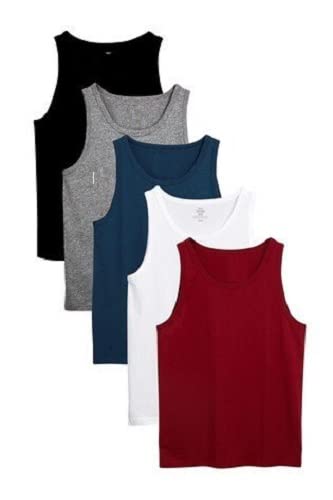 Mens Vest Tops Pack of 5 Tank Tops Fitted 100% Cotton (Mixed-Color, Large)