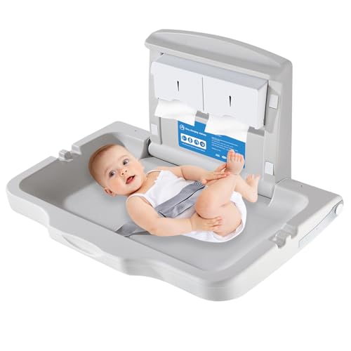 KSITEX Baby Changing Table Wall Mounted,Baby Changing Unit,Baby Changing Station with Safety Strap & Tissue Box,Horizontal Diaper Changing Table,Commercial Nappy Changing Table for Bathroom Restrooms
