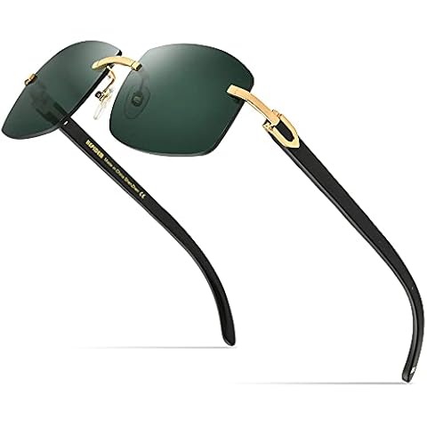 HEPIDEM 100% Really Buffalo Horn Sunglasses for Men Rimless Square Sun Glasses 4189705 (Black Frame Dark Green Lens) Cover