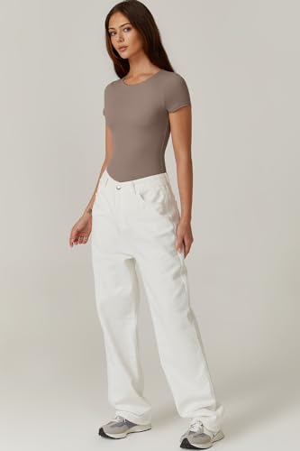 Image of QINSEN Women's Crew Neck Short Sleeve Bodysuit Double Lined Body Suits Basic T-shirt Tops