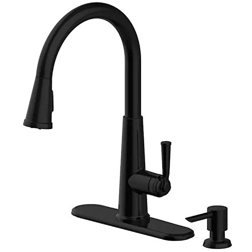 allen + roth Matte Black Pull-Down Handle Kitchen Faucet with Soap Dispenser (Deck Plate Included)