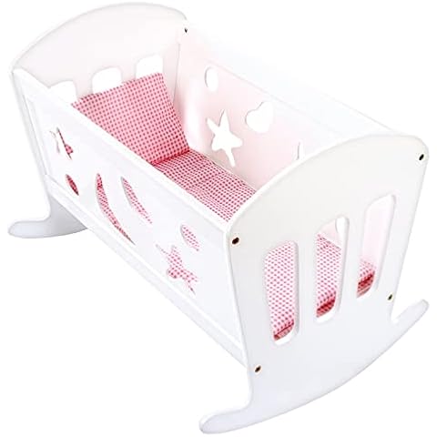 Bino 83699 White Dolls Cot. Wooden Crib with Mattress, Pink Linens, Blanket and Pillow. Size Approx. 49x37x36 cm, Multicolour Cover