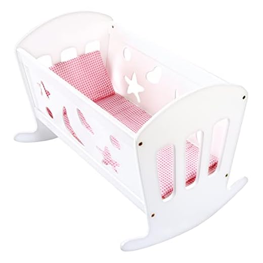 Bino world of toys cuna de muñecas con ropa de cama, accesorios de guardería, juguetes para niños a partir de 3 años (cama de muñecas blanca incl. colchón, manta y almohada, recortes de corazón)