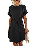 Minipeach Women's Summer Solid Crew Neck Tunic Sundresses Self-tie Short Sleeves Mini Dress Black