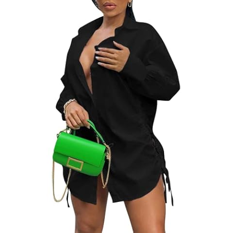 EDITCOZY Women Sexy Button Down Shirt Side Pleated Drawstring Long Sleeve Blouse Mini Dress, Black, XX-Large Cover