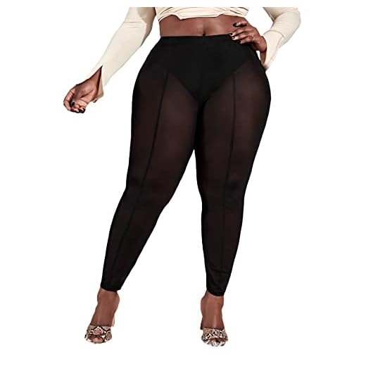 MakeMeChic Women's Plus Size Sheer Mesh High Waist Panty Lined Leggings Pants Black 1XL