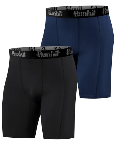 Runhit Mens Compression Shorts 1 or 2 Packs Anti Chafing Moisture Wicking Underwear Quick Dry Spandex Fabric Base Layer Shorts Sport Undershorts for Cycling Running Gym Black/Navy L