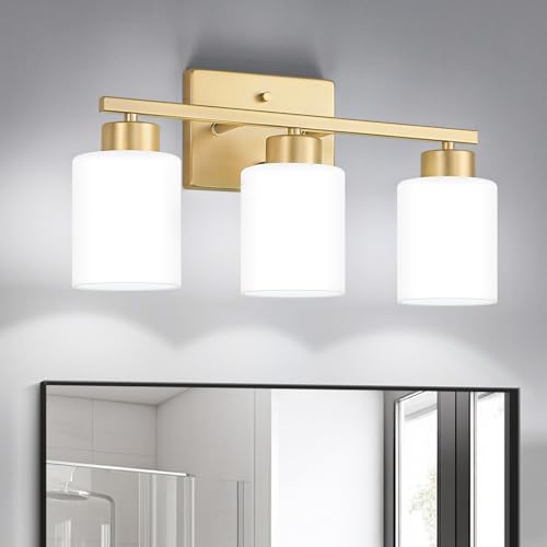 FonmYim Gold Bathroom Light Fixtures, 3-Light Modern Vanity Light Over Mirror, Wall Sconces with Milky White Frosted Glass Shades, E26 Socket (Bulbs Not Included)
