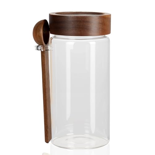 MOLADRI 28 oz/850 ml Glass Storage Canister with Airtight Wooden Lid, Clear Small Decorative Container Jar with Spoon for Salad Overnight Oats Snacks Yogurt Cereal Fruit Spice Sugar Coffee