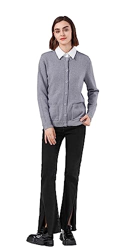 SMILING PINKER Femme Cardigan à Manches Longues Chaud Gilet Col Rond avec Boutons et Poches, gris, L