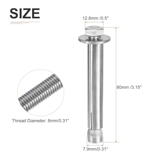Image of DTGN M8 x 80 Hex Expansion Bolts - 30Pack - Good for Concrete Dry Brick Block Walls - 304 Stainless Steel - Silver