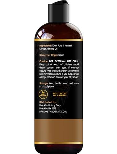 Brooklyn Botany Sweet Almond Oil - 100% Pure and Natural for Skin, Hair, Face - Carrier for Essential Oils, Aromatherapy and Massage - 8 fl Oz