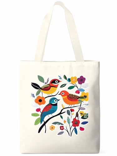 Spring Floral Birds Summer Canvas Tote Bag, Aesthetic Canvas Tote Handbags for Women Shoulder Bag