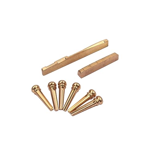 Joinpaya Brass Guitar Nut and Saddle Set with 6 Bridge Pins, Replacement Acoustic Guitar Bridge Parts Kit for Enhanced Tone and Sustain, Metallic Gold Finish, GL21 Set - Thumbnail 5