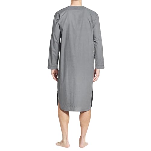 JIAHG Mens Muslim Kaftan Thobe Loose Pure Color V-Neck Linen Robe Long Sleeve Islamic Middle East Cotton Casual Shirt Robes2
