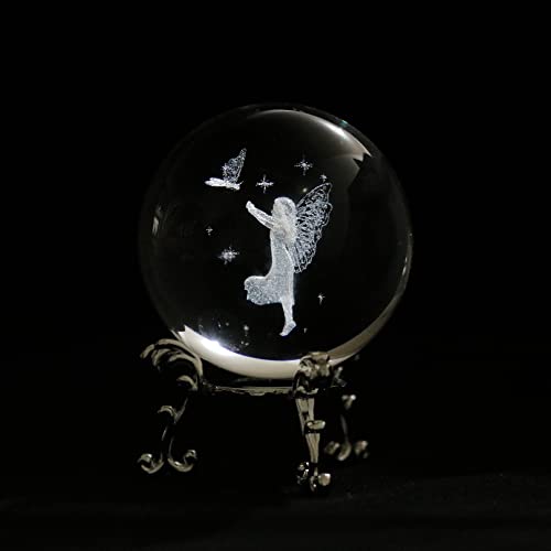 Vskikris 3D Crystal Ball With Fairy And Butterfly Figurines Glass Balls With Stand 3D Crystal Sphere Paperweight Gifts #TOP1
