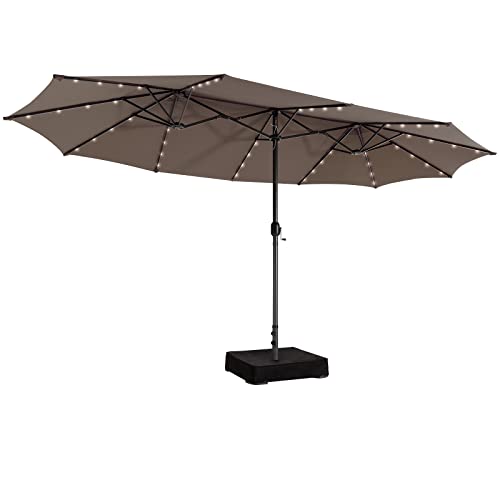 Giantex 15Ft Large Outdoor Umbrella Double-Sided, 48 Solar Lights, Auto-Charging Solar Panel, Extra Large Patio Umbrella With Base And Crank, Outdoor Market Umbrellas For Poolside Garden (Tan) #TOP12
