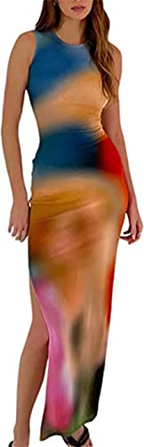 Image of Suillty Women Y2k Tie Dye Tank Dress Sleeveless Bodycon Long Dresses Printed Slim Fit Summer Maxi Dress Sundress