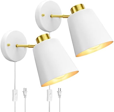 Yollzey Plug in Wall Sconces, Rotatable Angle White Wall Lamp with Plug in Cord Metal Vintage Industrial Wall Mounted Light Reading Light for Bedroom Bedside Doorway(2 Pack)