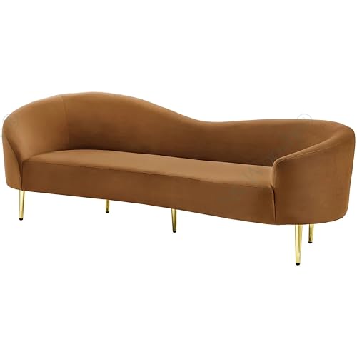 Image of Rosewood Luxury Curved Sofa in Premium Velvet-Fabric | Solid Wood Structure | High Density Foam | Sturdy Golden Legs | Comfortable & Stylish Couch for Modern Living Room (Saddle, 3 Seater)