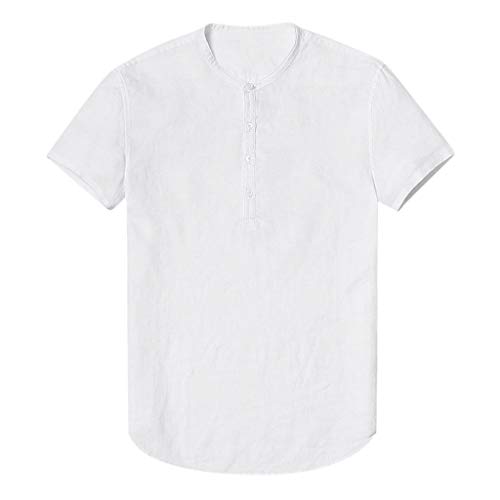 Beokeuioe Camiseta de manga corta para hombre, camiseta de lino para verano, algodón holgado, lino, monocolor, moda, ocio, verano, informal, manga corta, transpirable y cómoda, Blanco, M