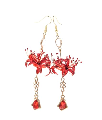 Image of Handmade Women Lycoris Radiata Flower Dangle Earrings, Red Floral Drop Earrings with Beads Accents, Gold Tone Chain, Ancient Hanfu Kimono Style Jewelry for Bridal Wedding Party Cosplay