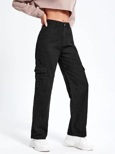 Image of KOTTY Women's Solid Mid Rise Relaxed Fit Cargo Jeans