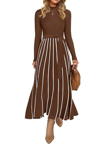 ZESICA Womens 2026 Spring Turtleneck Long Sleeve Sweater Dress Tie Waist Casual Loose Ribbed Knit A Line Midi Dresses Brown X-Large