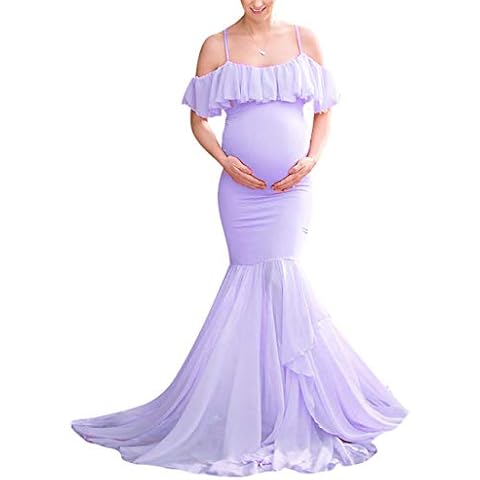 VSNOW Maternity Off Shoulder Strappy Ruffle Maxi Photography Dress Elegant Fitted Mermaid Gown for Photoshoot Baby Shower Purple Cover