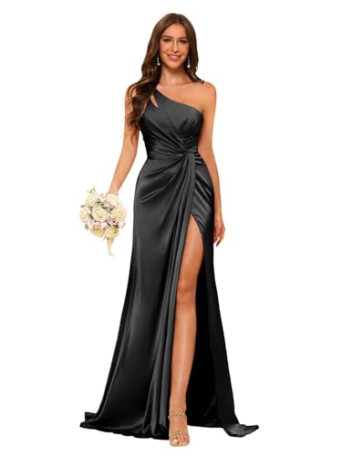 Image of vintys Women's One Shoulder Ruched Bridesmaid Dresses Long with Slit Satin Formal Prom Dress VS117