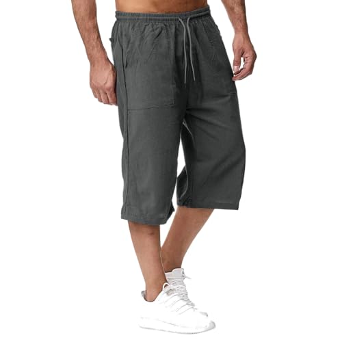 Linen Shorts for Men Loose Drawstring Long Short Summer 3/4 Below Knee Capri Wide Leg Baggy Pants2
