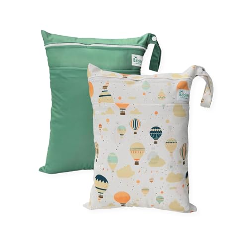 Babies Beginning 2-Pack Wet Bags – Waterproof Travel Bags for Cloth Diapers, Baby Essentials & Swimwear – Reusable Wet Dry Bag with Double Zipper & Handle for Diaper Bag & Beach Trips (Olive Skies)