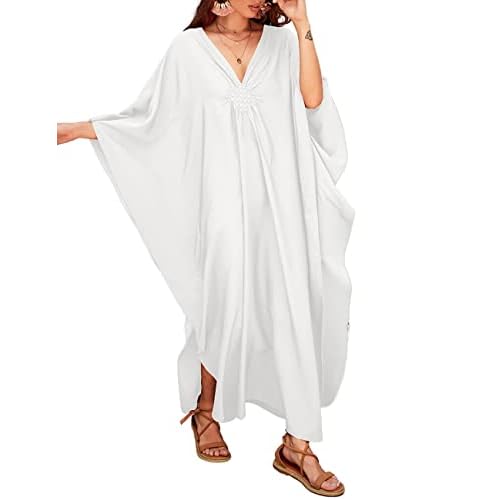 Bsubseach Women Solid Color Cover Up V Neck Batwing Sleeve Plus Size Beach Kaftan Dresses F-white