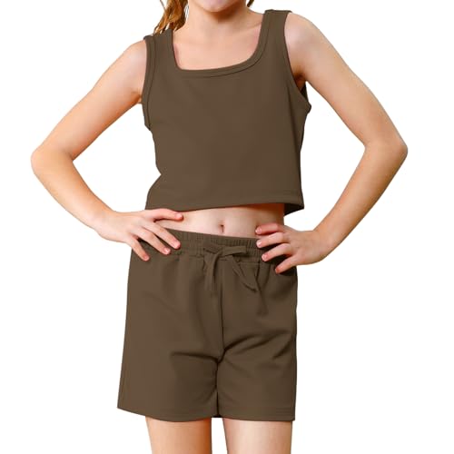 Image of U.nikaka Girls 2 Piece Outfits Casual Girls Shorts Sets Sleeveless Crop Tank Top and Short Sets Ribbed Workout Sets Summer