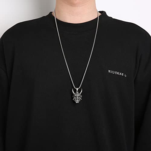 HZMAN Gothic Necklace for Men Prajna Mask Stainless Steel Silver Evil Demon Ghost Horn Skull Pendant2