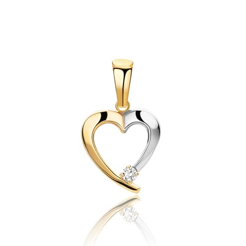 MIORE   Colgante Mujer Corazón en Oro Blanco y Oro Amarillo con Circonita, Oro Real de 9KT 375, Colgante Corazón al que puedes agregar tu propia cadena, Joya Hipoalergénica.