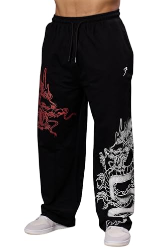 FUAARK Mens Cotton Dragon Loose Oversized Track Pant Black-L