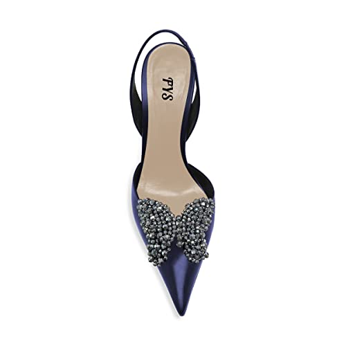 FYS Women Pretty Elegant Slip on Pointed Toe Slingback Sandals D'Orsay Pumps Butterfly Crystal Rhinestones Chunky High Heel Slide Shoes Dress Wedding Prom Shoes Size 4-15 US4