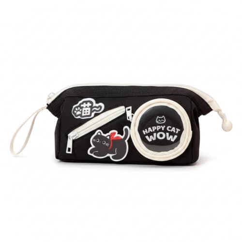 Image of Invite Large Capacity Cute Aesthetic Pencil Case with Multi Compartments, Multi-Pocket Pastel Pen Pouch Organizer with Zipper, Kawaii School Supplies Bag for Girls, Teens & Students (Happy Black Cat)