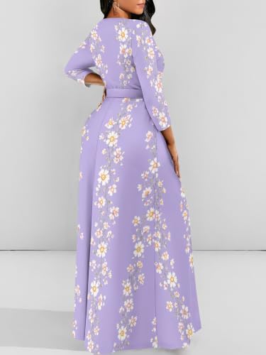 Image of Women Plus Size Long Sleeve V Neck Maxi Dress with Belt | Soft fabric relaxed fit three quarter sleeve v neck with pockets for party and daily wear