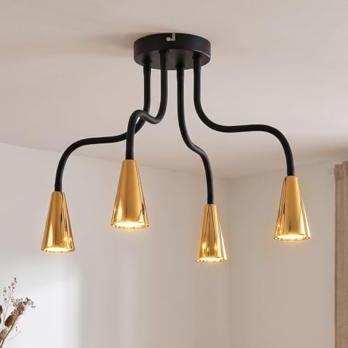 ANWIO Lámpara Colgante Ajustable para Salón, 4 Luces con Brazos Flexibles de Acero, Lámpara Colgante Decorativa de Hierro, Acabado Dorado Brillante, Compatible con Bombillas GU10(Sin Bombillas)