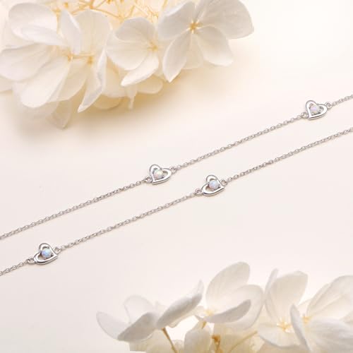 Image of Flyow Anklet for Women S925 Sterling Silver Adjustable Foot Beaded Heart Charm Ankle Bracelet Anklets Jewelry