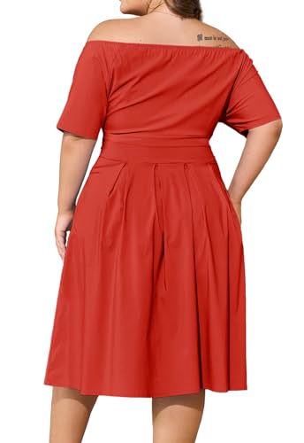 Image of Womens Plus Size Summer Dresses Off Shoulder Short Sleeve A-Line Wedding Guest Swing Waist Midi Dress with Pockets