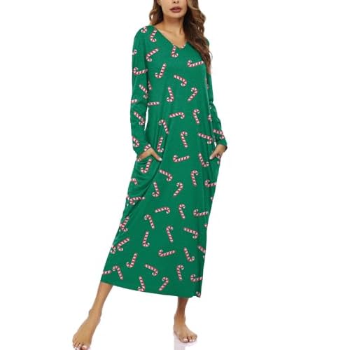 Marvmys Women Cotton Long Nightgowns Long Sleeves Nightshirts V Neck Full Length Sleep Shirts with Pocket Green Candy Cane 4X-Large