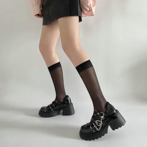 Image of Parisuit Womens Goth Platform Mary Janes Heels Buckle Chain Punk Cosplay Shoes Ankle Strap Chunky Heel Round Toe Pumps