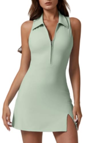 Image of QINSEN Womens Zip Front Tennis Dress Polo Collar Racer Back Workout Golf Dresses Build in Shorts with Pockets