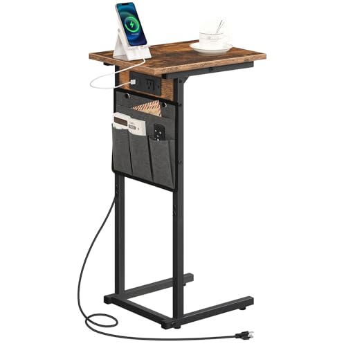HOOBRO C Shaped Side Table with Charging Station, Slide Under Couch Table, 27.8