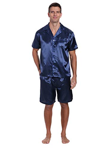 Noble Mount Satin Pajamas For Men - Short Pajama Set - Free Checks - Dark Blue - M #TOP25