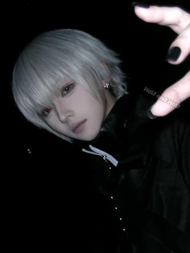 Image of Half and Half Short White Anime Cosplay Wig for Men Silver White Male Wigs with Bangs Synthetic Hair Wigs for Unisex Women Halloween Party Costumes